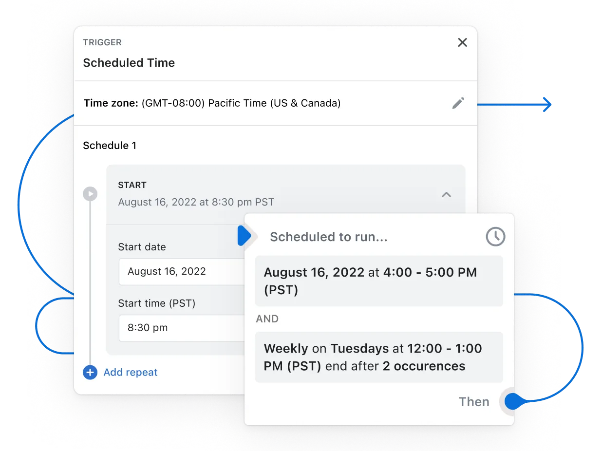 A workflow begins to build using the trigger “Inventory quantity changed” and several conditions and actions update as the workflow progresses.
