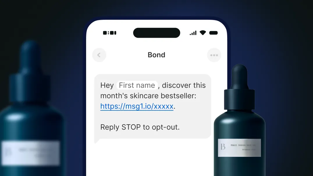 A smartphone screen displays a skincare brand SMS message with a promotional link. Two blue skincare bottles are on each side, conveying a modern and sleek tone.