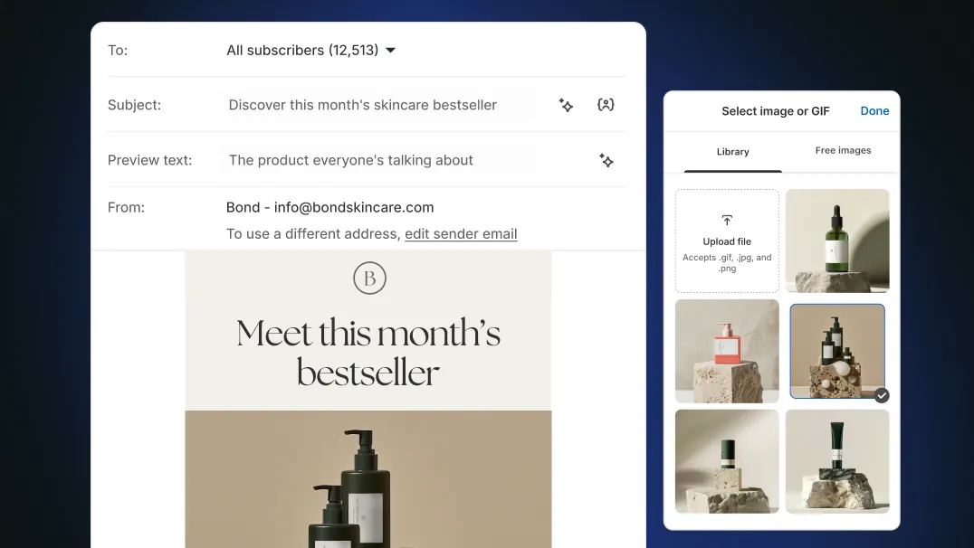 An email template overlaid on the left that features fields for subject, preview text, and sender, with an image of soap in the body of the email.