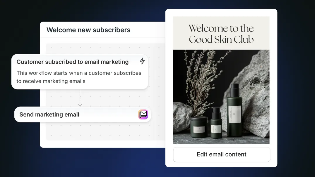 An example of a marketing automation to send a welcome email to new subscribers. A welcome email for The Soap Club is overlaid on the right.