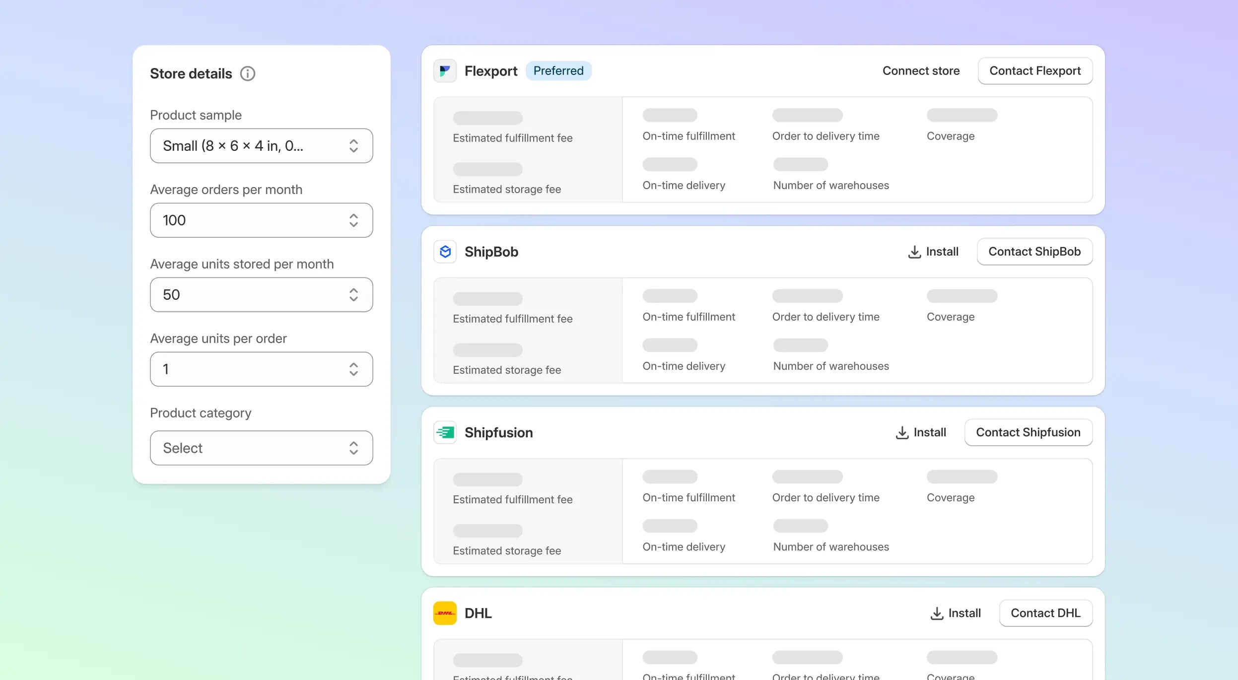 Cards showing fulfillment details for a store including product sample sizes, product categories, average units per order, and averages for orders and units stored per month, alongside a list of fulfillment carrier information.