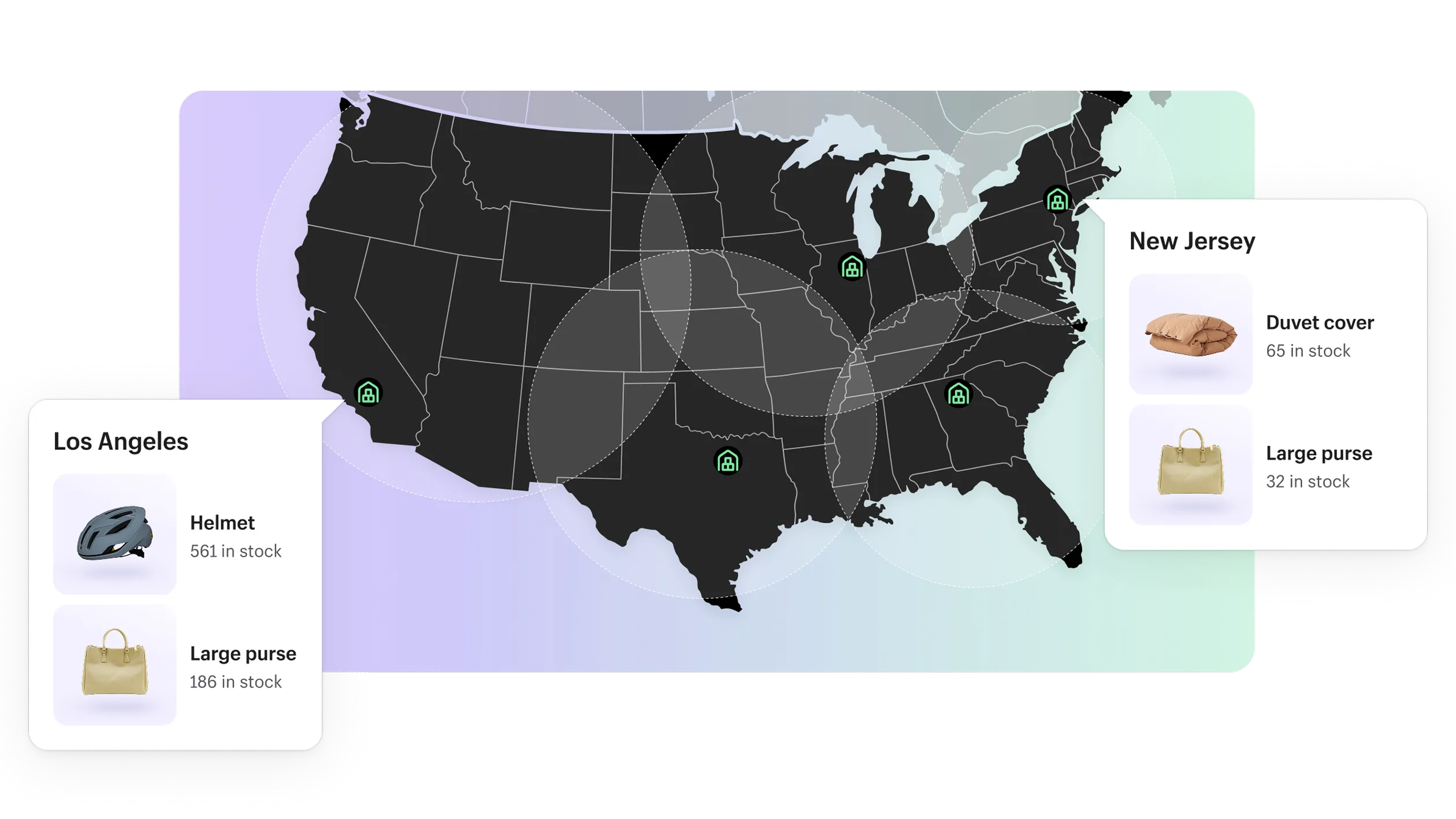 A map of fulfillment center locations in the United States, along with graphics showing the inventory of two products stored in both the New Jersey and Los Angeles warehouses.