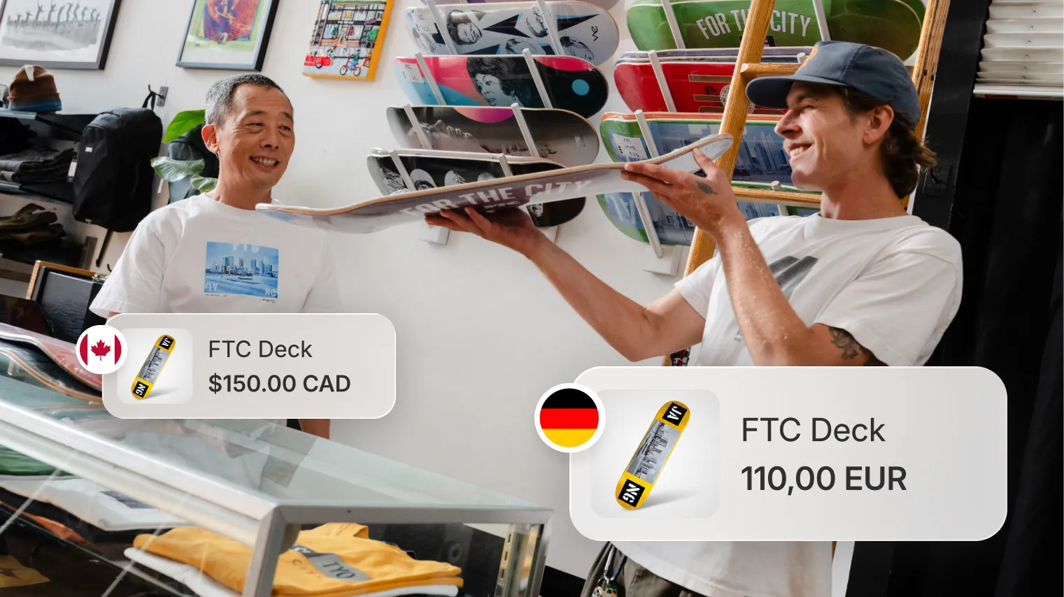 Two men in a skate shop with floating localized price tags.
