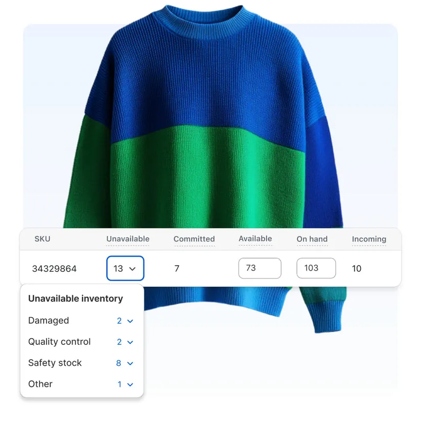 Blue and green knit sweater with an overlaid inventory management UI. Interface shows columns for product quantity adjustments: ‘unavailable, committed, available, on hand, and incoming products.’ The unavailable category has a dropdown with options: ‘damaged, quality control, safety stock, and other.’