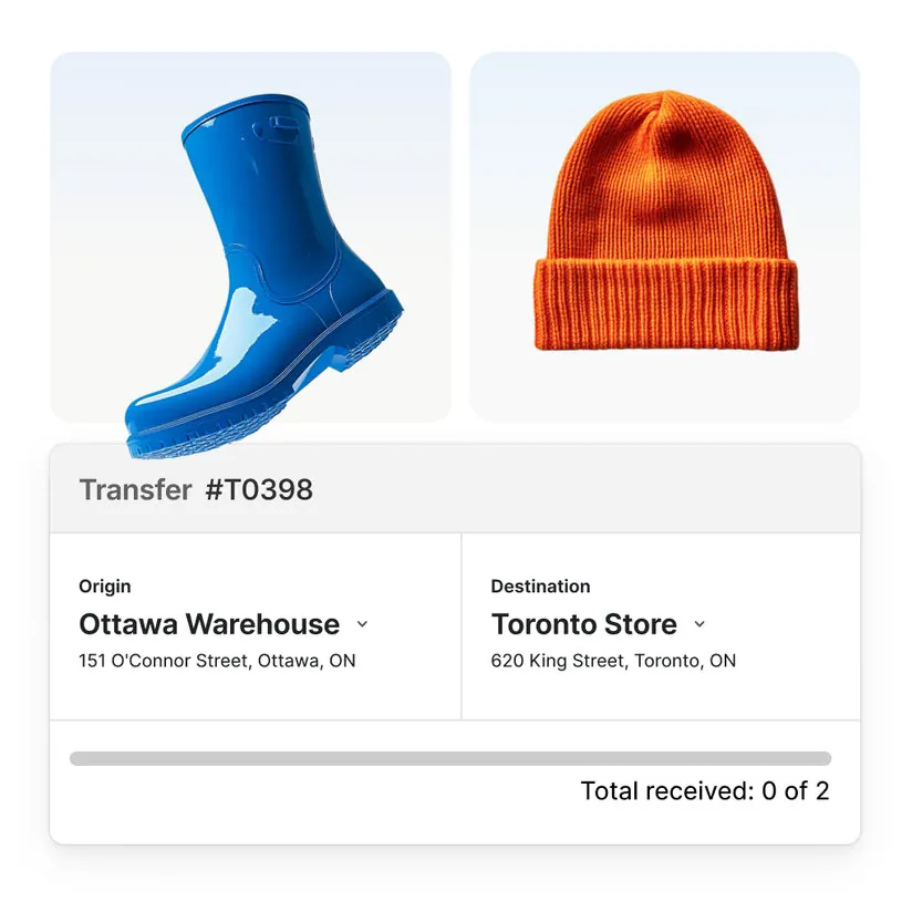 Blue rain boot and orange knit hat with overlaid inventory transfer UI. The interface displays transfer details from an Ottawa warehouse to a Toronto store for both products. A 'Create transfer' button is positioned below the transfer information.