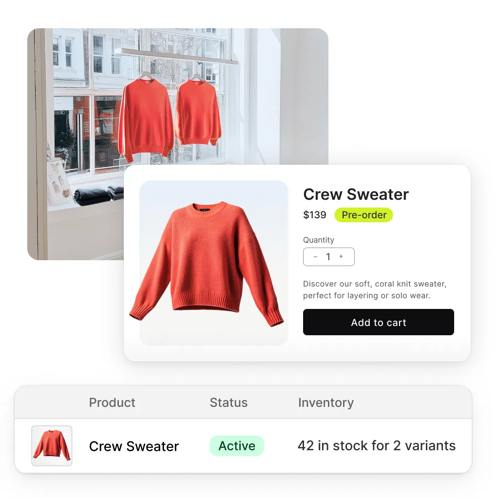 A retail store window display viewed from inside, showing coral knit sweaters. Overlaid is a product listing for a subscription box featuring the same coral sweater, a black boot, and a green bag. Purchase options include one-time buy or recurring monthly/bi-monthly subscriptions. Below, an inventory management UI shows stock status and quantity for the coral knit sweater.