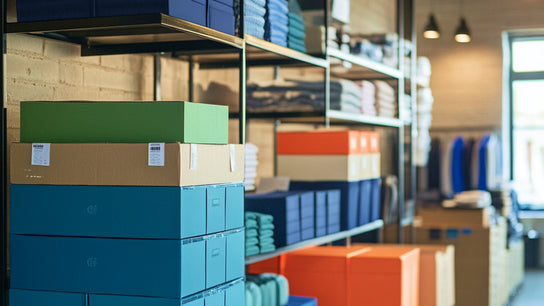 Retail back office showing stacked colorful boxes of inventory products.