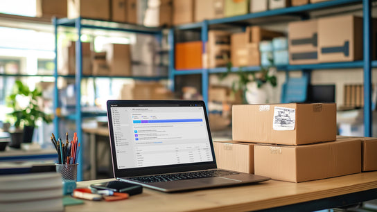 Back office setting with a laptop on a desk surrounded by boxes. The laptop screen displays an ABC inventory analysis report. In the background, shelves are stocked with boxes of inventory products.