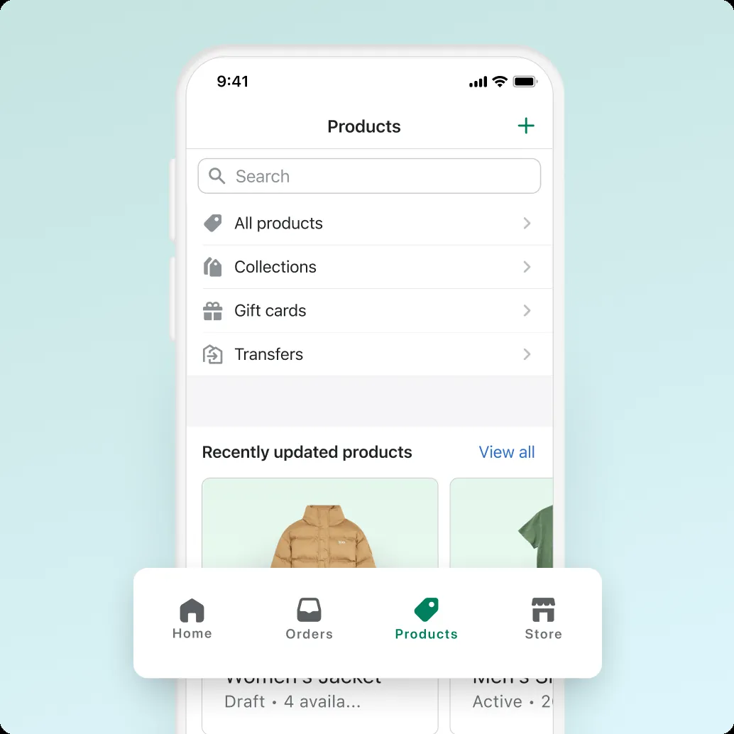 A mobile phone with the PlatformDTC app on screen, showing product inventory in an online store.