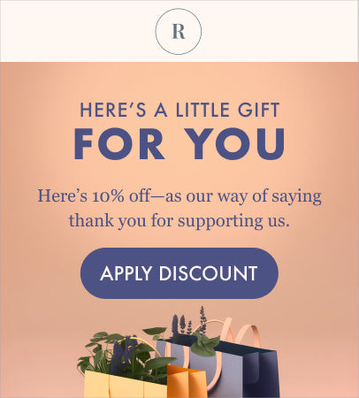 An email template with the text Here's A Little Gift For You and information about a 10% discount offer. A button that reads Apply Discount is also included above a picture of shopping bags filled with gardening items.
