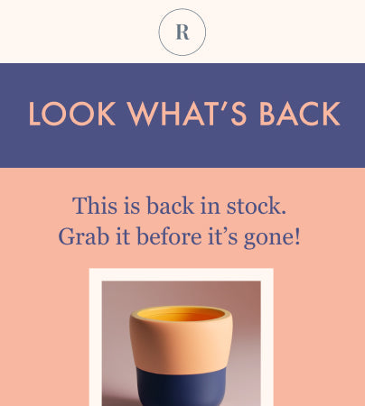 An email template with the text Looks What's Back and a picture of a plant pot.