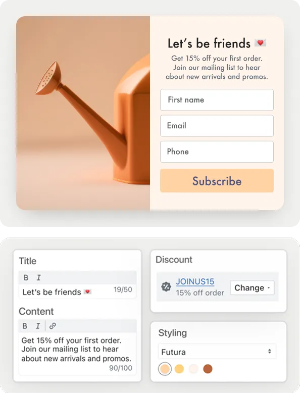 A lead capture form that asks for name, email, and phone number alongside an image of a watering can. Below are product user interface components to customize the form, with space to write the form copy, assign brand colors, and select a store discount.