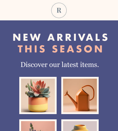 An email template with the text New Arrivals This Season, and pictures of gardening products including a watering can and a potted plant.
