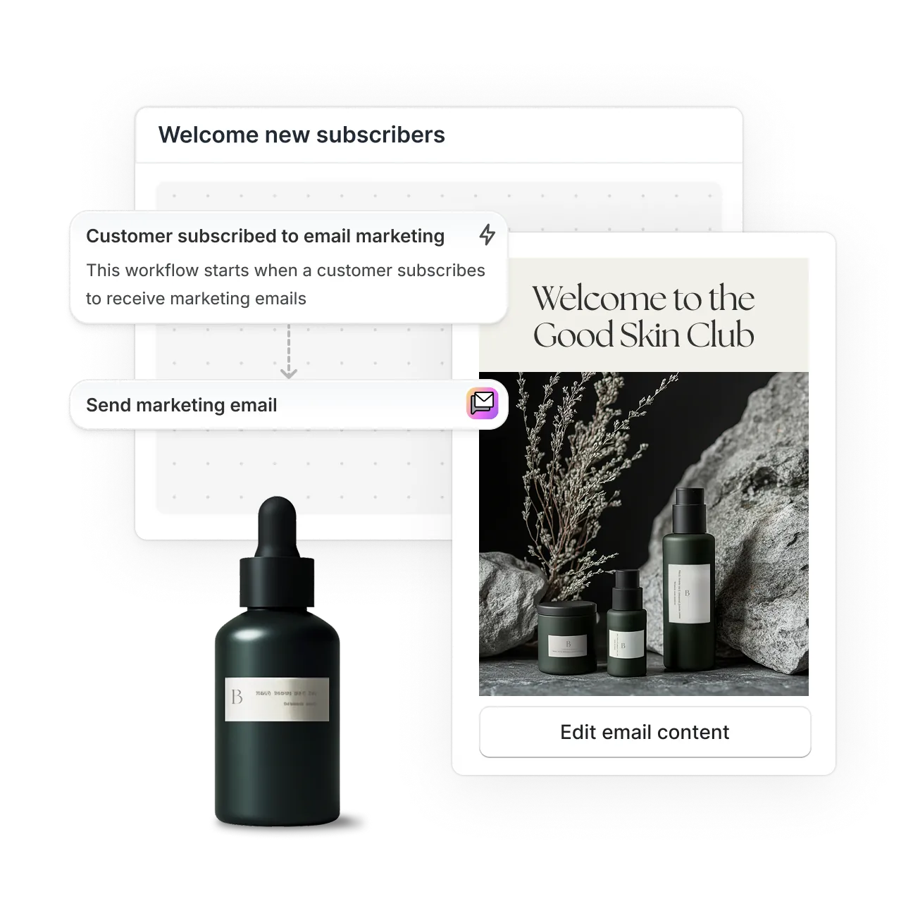 A workflow automation named 'Welcome new subscribers' features a trigger on the left for when a customer has subscribed to email marketing, connected to the action below by an arrow, which is to send a marketing email. A sample email for the Soap Club company is in the background.