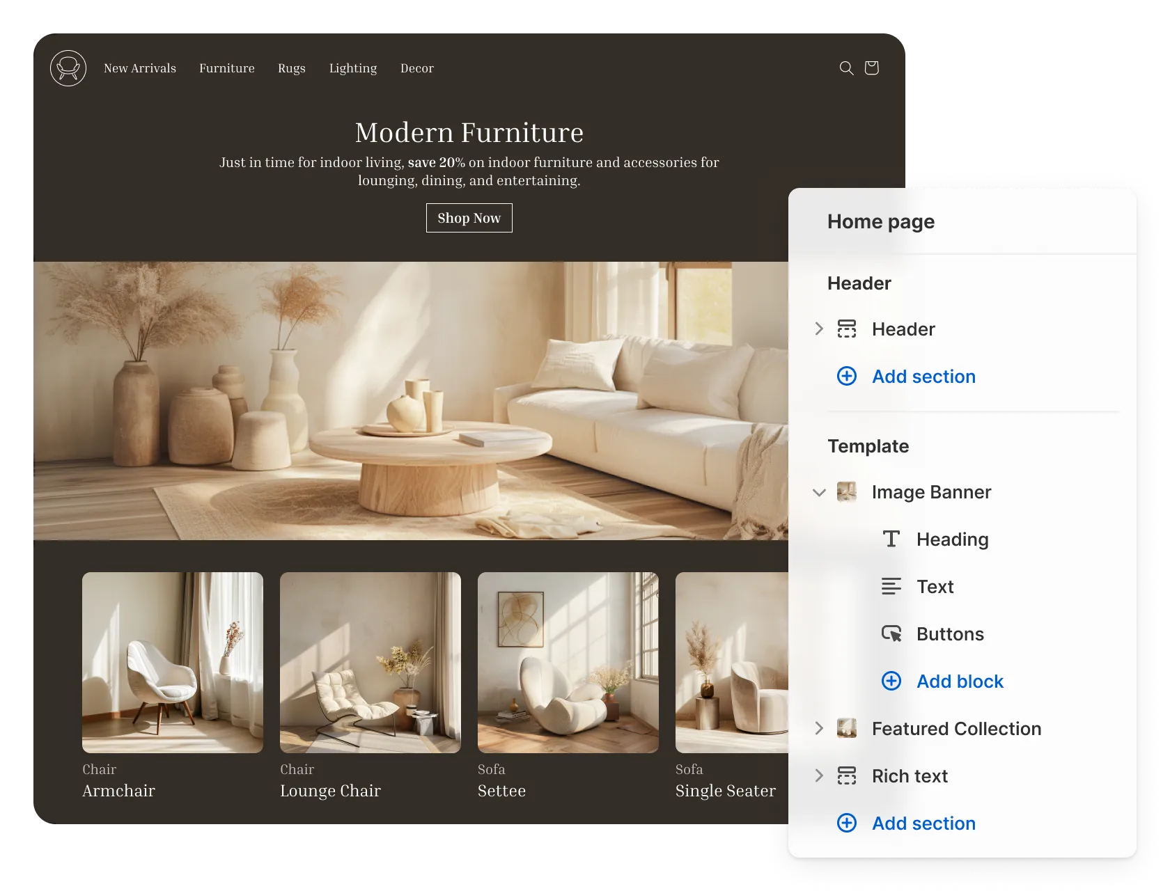 Screenshot of a furniture website built on PlatformDTC, with an overlay of the PlatformDTC theme editor