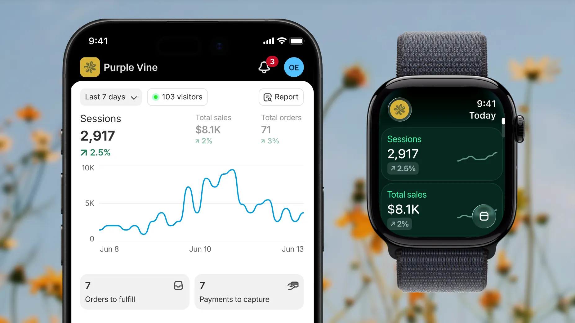 Still image of a phone showing the PlatformDTC analytics screen featuring data like sessions, sales, and orders. Next to the phone is an Apple Watch showing quick stats like sessions and total sales.