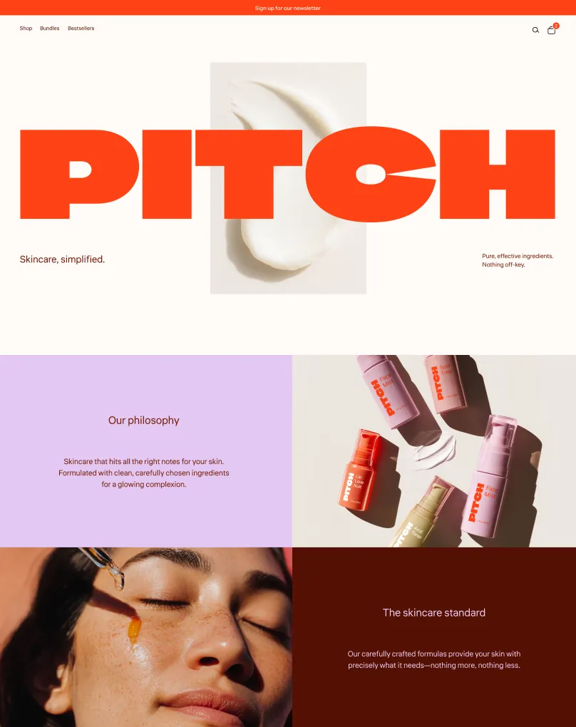 Preview of Pitch, a Horizon theme with bold layouts and bright visuals, perfect for beauty, skincare, fashion or any unique brand looking to stand out.