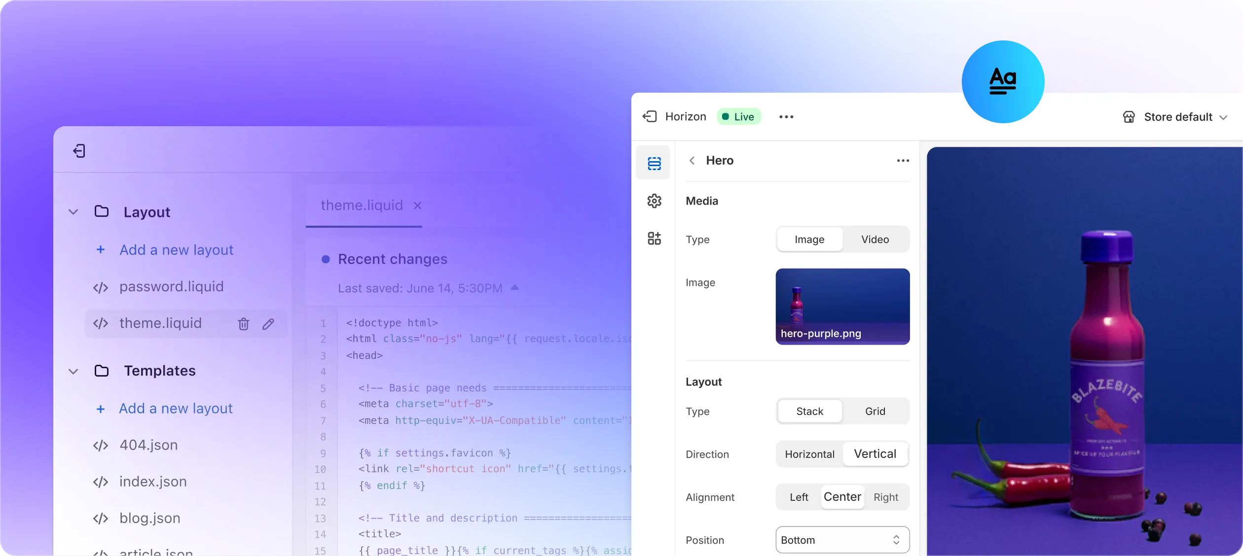 2 screens: a sample of Liquid code, and the PlatformDTC online store editor
