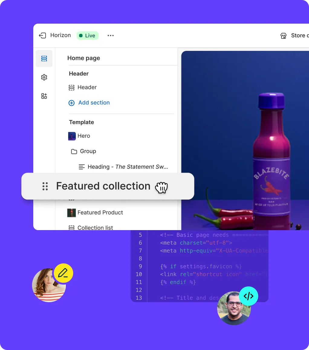 Multiple collaborators using Liquid and the PlatformDTC online store editor to build a store together