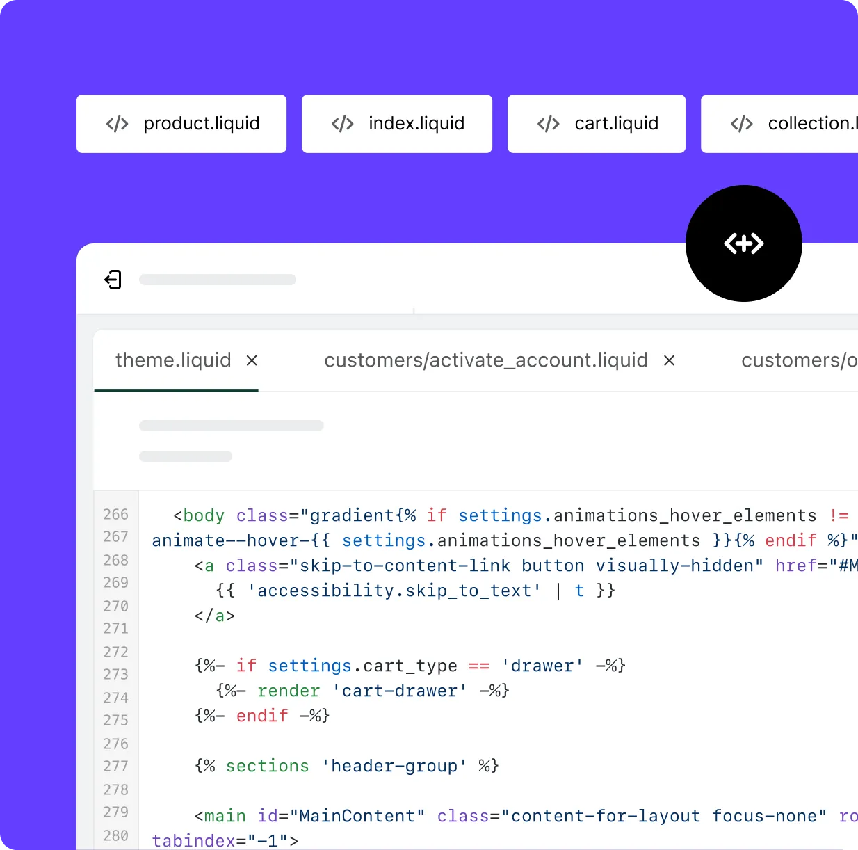 The PlatformDTC theme editor, including theme.liquid code