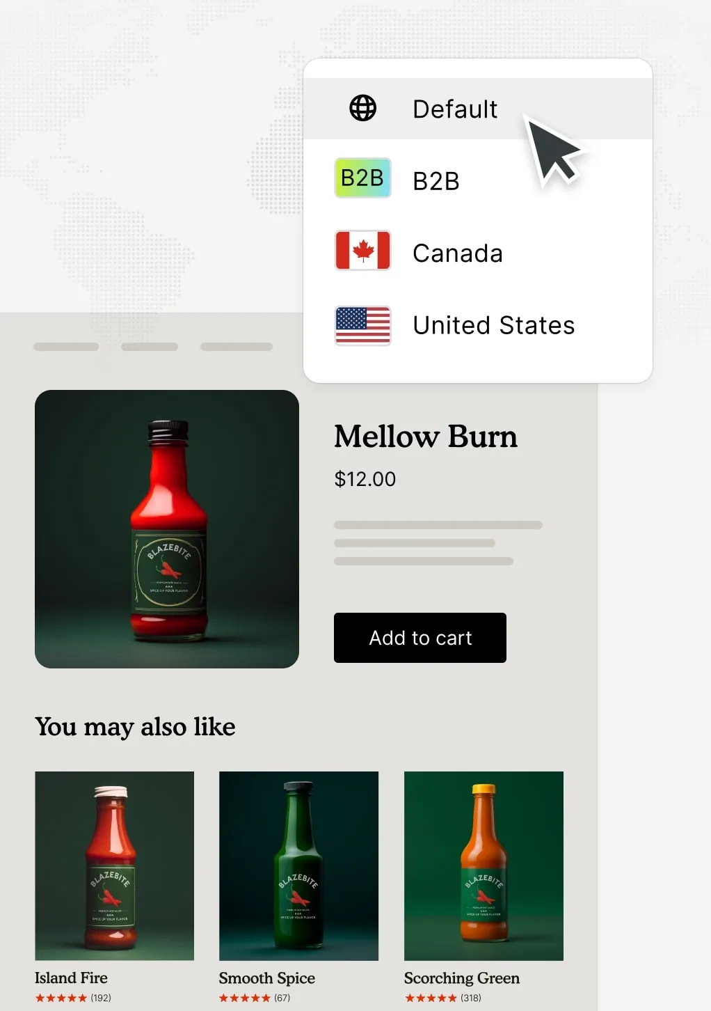 PlatformDTC’s contextual storefronts toggle with 4 store options: B2B, Canada, United States, or Default