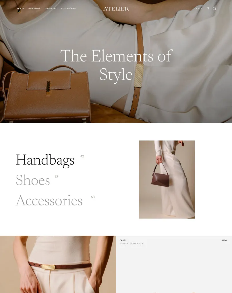 Preview of Atelier, a Horizon theme with a sleek, sophisticated design and luxurious product showcases that feel exclusive and lavish.