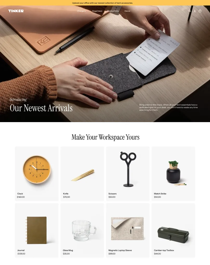 Preview of Tinker, a Horizon theme with a crisp, clean aesthetic and modern functionality, perfect for electronics, productivity and organization, or modern home decor.