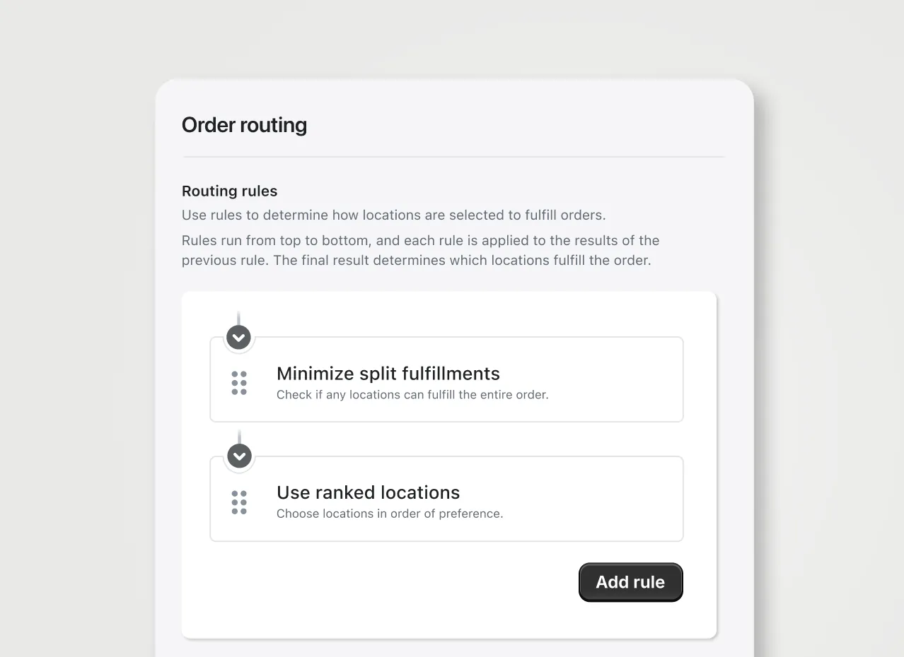 This is a short video with no audio that shows the order routing experience. It depicts the user clicking on an "add routing rule" button, browsing a list of order routing rules, and selecting "ship from the closest location". It then moves into a list of locations where the one closest to the customer rises to the top, indicating the system automatically picks the location for fulfillment.