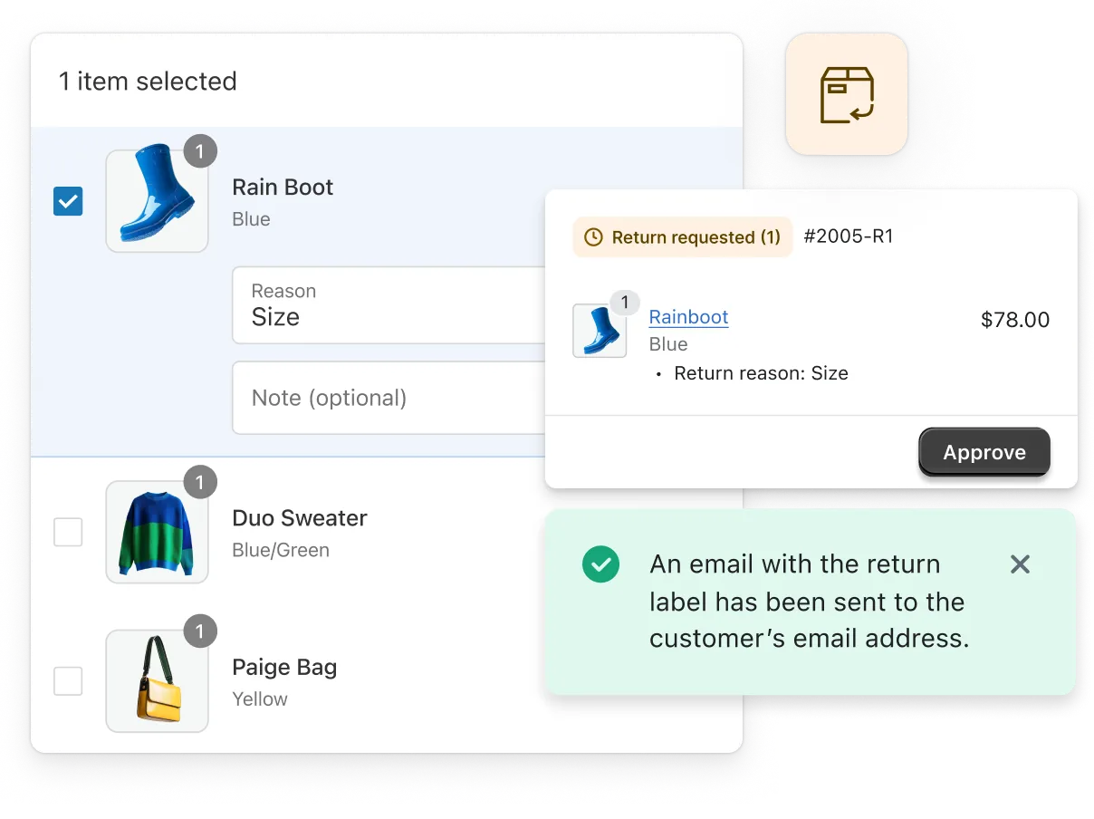 The image displays a computer screen with an open return request from a customer featuring jewelry items. There is a button at the top labeled "Request Return", indicating that the customer is requesting to return or exchange an item. The screen also shows a modal that allows someone to approve a return, as well as send an email to the customer notifying them about the return. The user is likely considering their options for returning or exchanging the jewelry item they received.