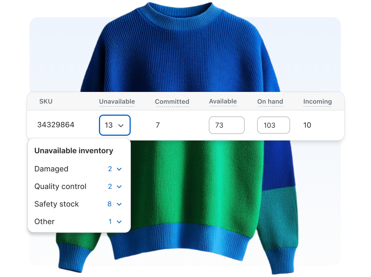 The image features a cell phone screen displaying an inventory management system, with a pair of sneakers beside it. The shoes are located near the bottom and above them there is a display bar of inventory quantities visible, including "unavailable", "committed", "available", and "on hand" quantities, possibly indicating there's 11 inventory quantities for the shoes on hand.