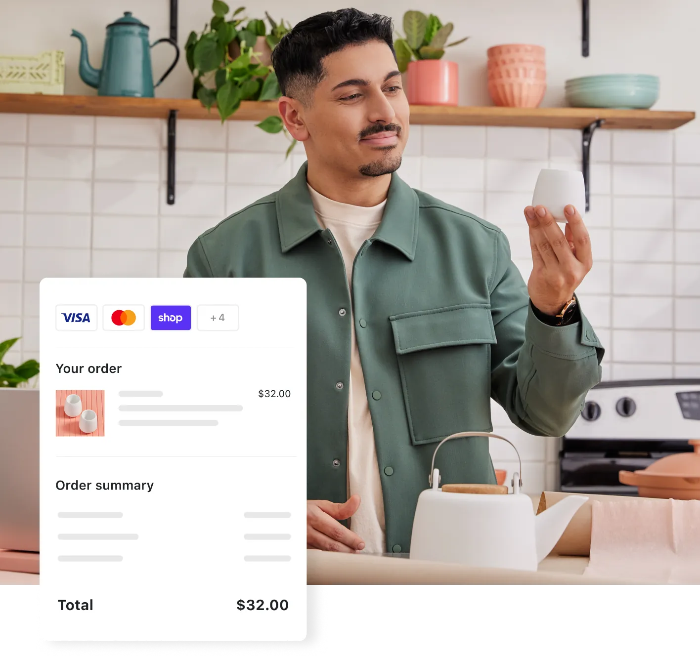 Asian male PlatformDTC merchant selling ceramic tea sets looking at his product and the PlatformDTC Payments checkout