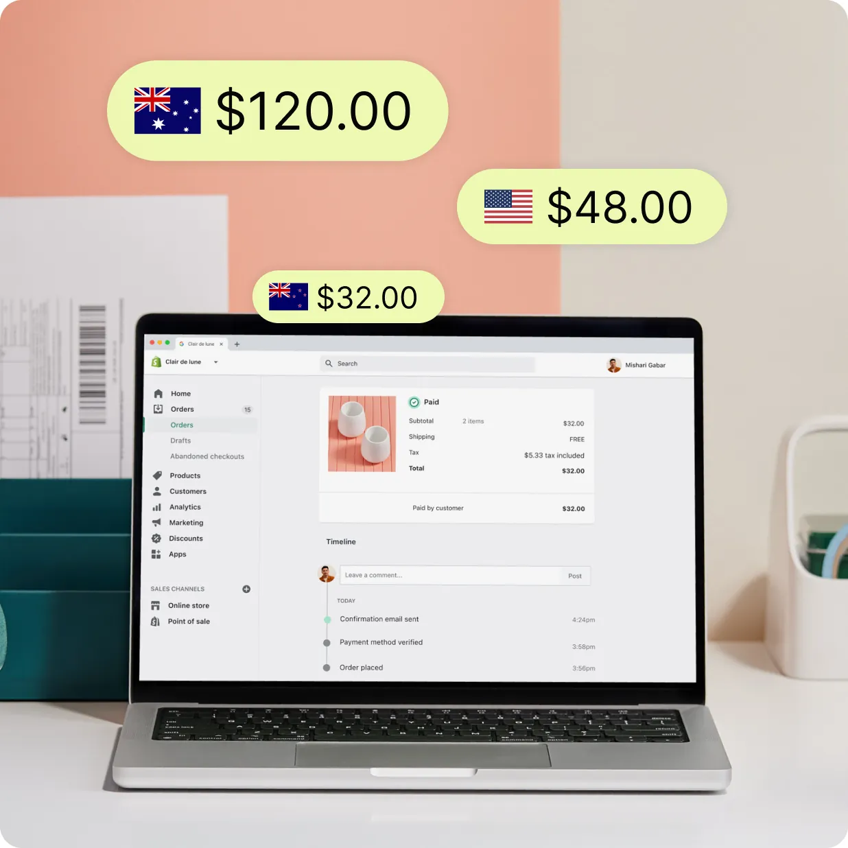 Laptop displaying orders and invoices from PlatformDTC Payments with multiple currency symbols