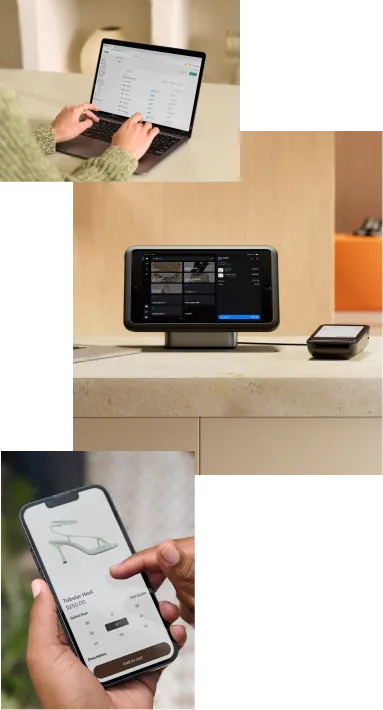 Image collage. First image: Close up on a sales associate using a laptop viewed from the perspective of the associate. On the laptop screen is the PlatformDTC admin where the associate is viewing the staff management page. Second image: A tablet running PlatformDTC POS software mounted on a tablet stand sitting on a sales counter. Next to it is PlatformDTC POS hardware. Third image: Close up on a shopper holding a smartphone browsing a retailer's website. On the screen is a product details page for a high heel sandal. At the bottom of the page is a prominent button with the following text: "Add to cart."