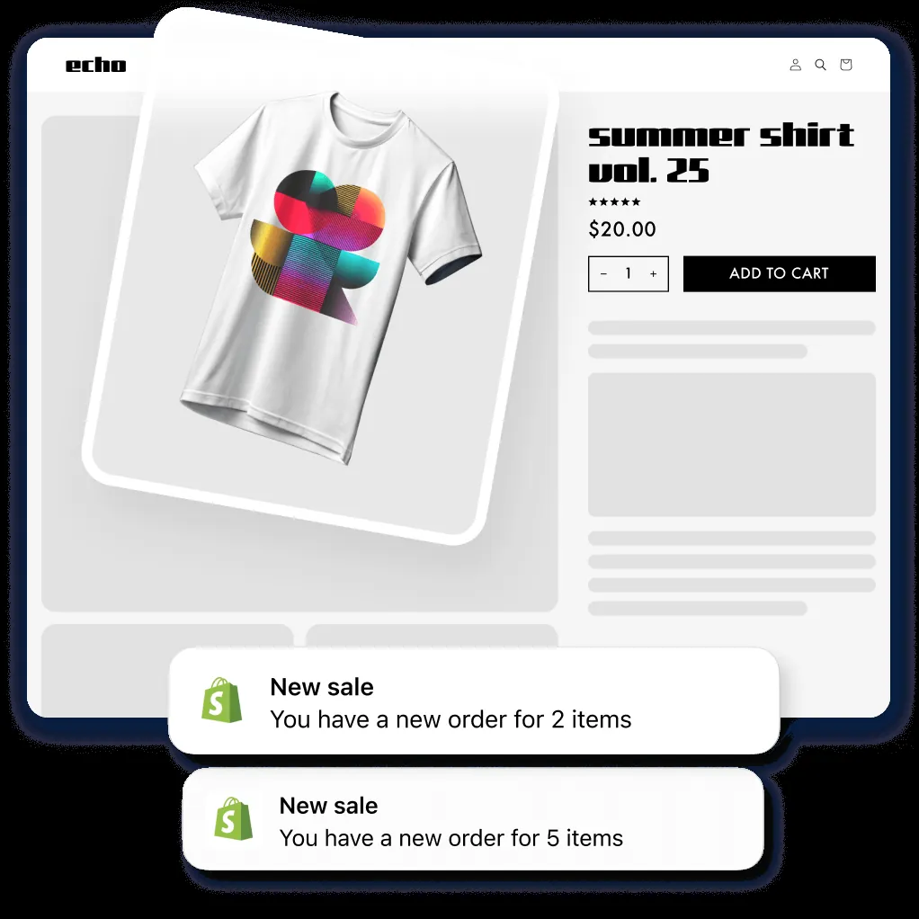 A webpage featuring a print on demand t-shirt. Over the page, there are a series of notifications indicating new orders.