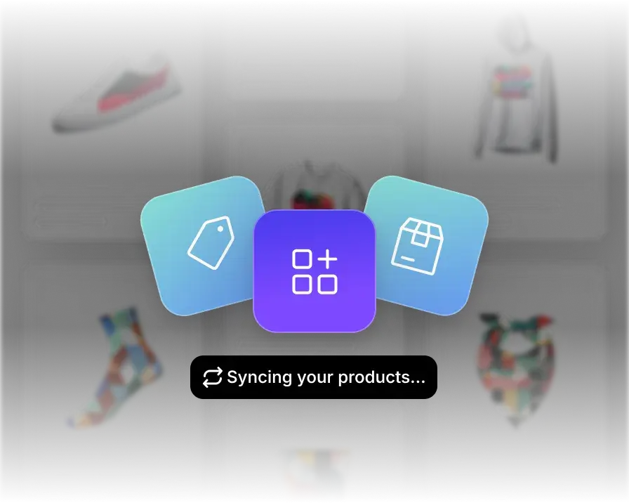 A selection of print on demand products. Over the image is a status update reading “syncing your products…”