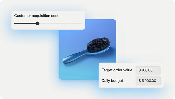 The image shows an imaginary product and abstracted UI elements from the Shop Campaigns admin set up.
