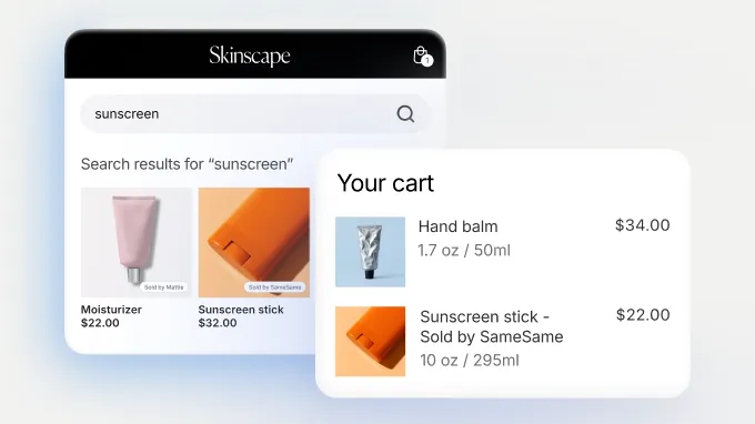 An online store showing search results for "sunscreen" and a shopping cart containing hand balm and a sunscreen stick from two different brands.
