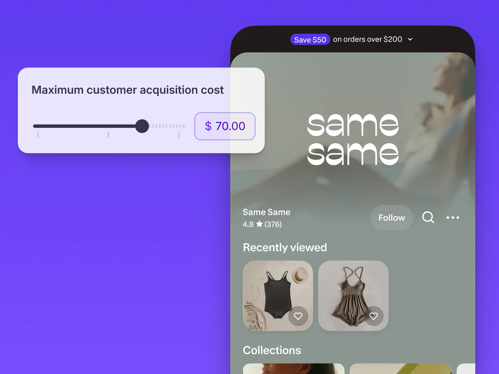 Simplified Shop app interface displaying product cards in a "Recently Viewed" section alongside a slider component for setting customer acquisition budget.