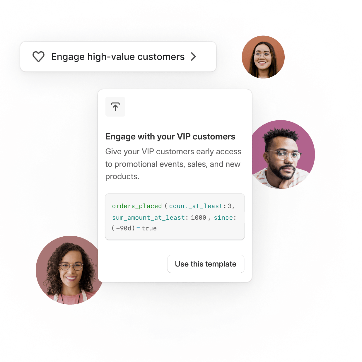 The editor from the customer segments section in the PlatformDTC Admin displays templates for different segments such as engage high-value customer and convert subscribers to first-time customers. Different faces appear in circles around the editor, demonstrating the variety of people each segment represents.