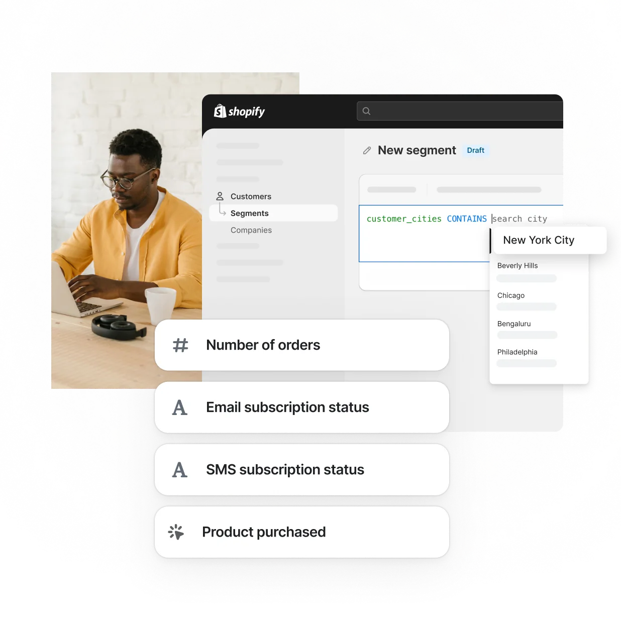 The PlatformDTC admin displays filters for different segments such as location, number of orders, email and SMS subscription status, and product purchased. A merchant who's African American, wearing a yellow shirt, and typing on a laptop is shown working efficiently.