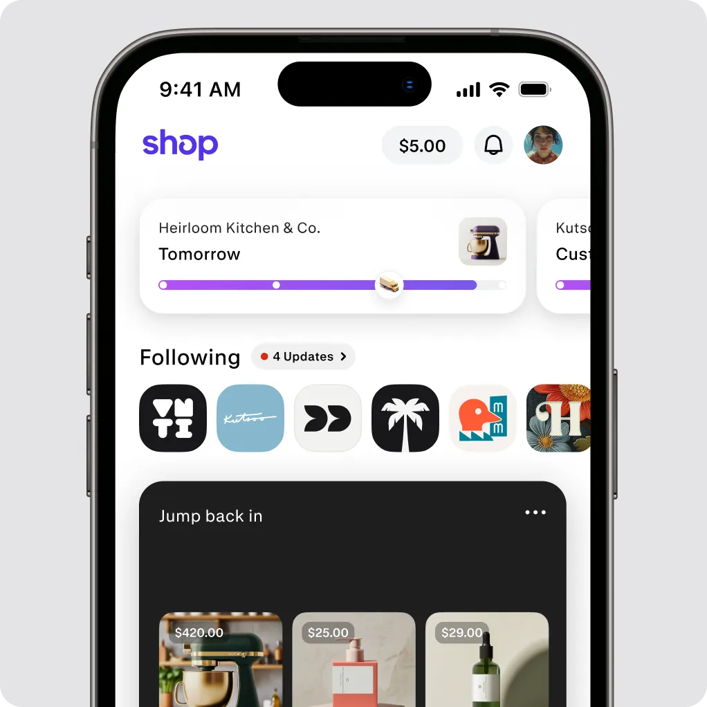 Interactive animation showing a Shop app user opening the app and checking out.