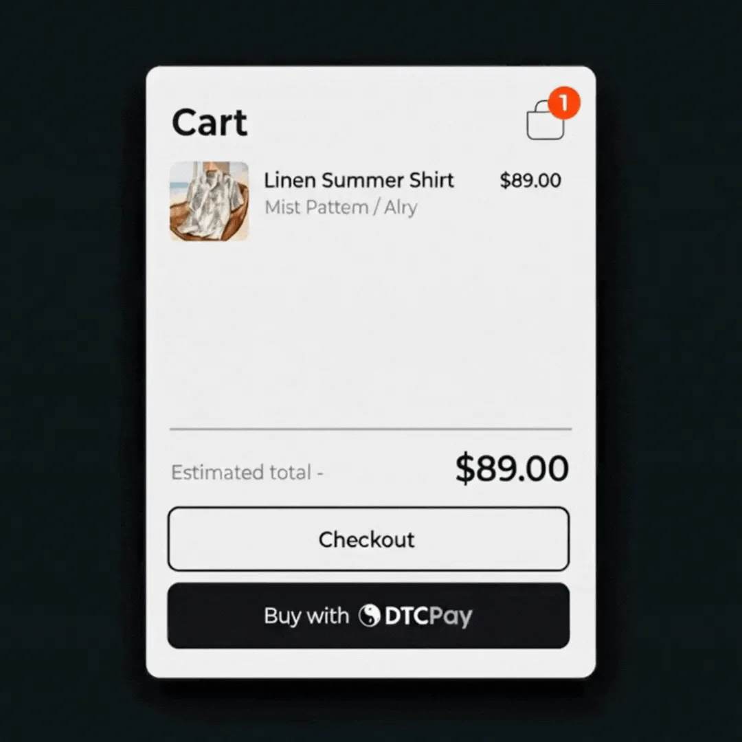 Animation showing cart value rising as DTC Pay accelerates checkout decisions.