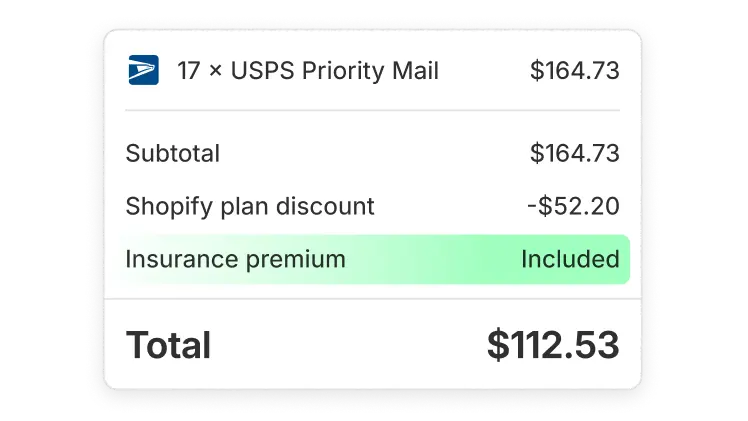 A UI card displaying the total of an order with a PlatformDTC plan discount and premium insurance included