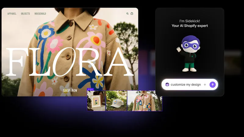 Sidekick mascot and chat interface with example prompts and resulting custom store design