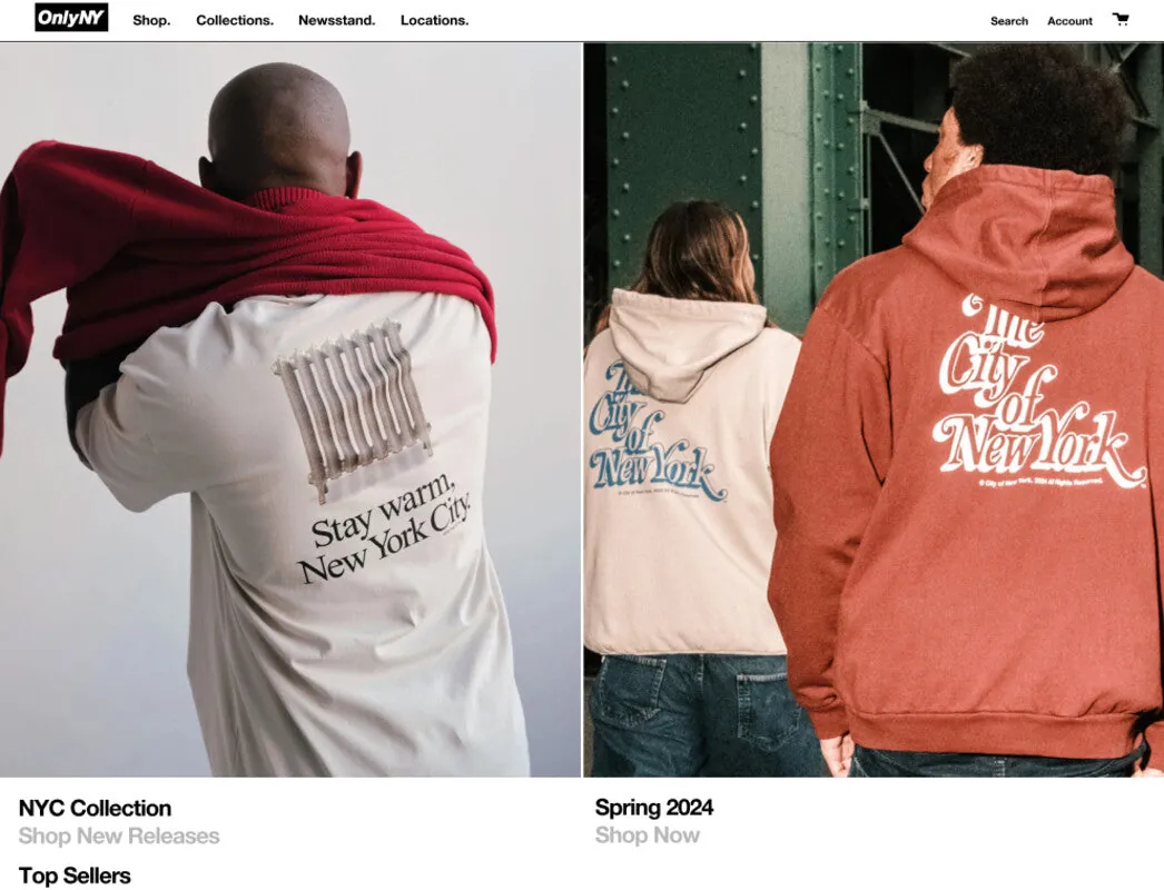Image of website for clothing brand OnlyNY