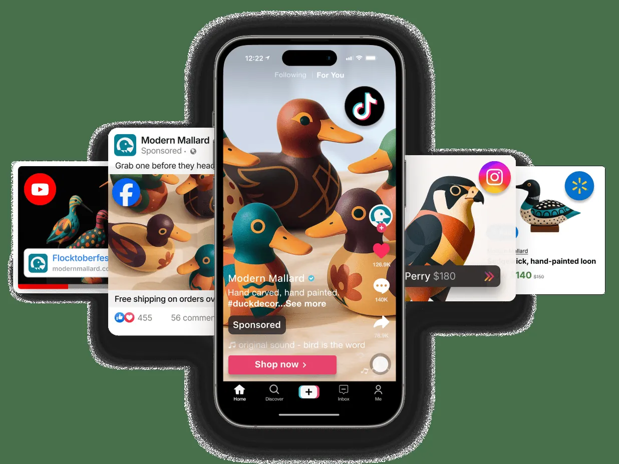 Phone showing an ad for carved, painted wooden ducks on TikTok, Meta, YouTube, Instagram, and Walmart.