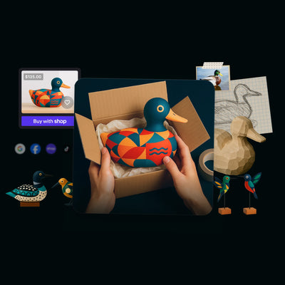 Animation of a pencil sketch of a duck turning into a carved wooden duck that is then painted and dropped into a PlatformDTC website. The duck then lands in a package to be shipped to a customer.